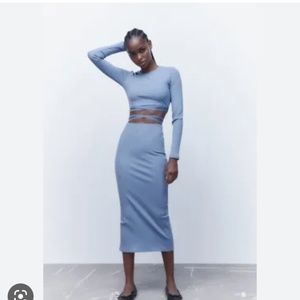 zara blue ribbed midi skirt